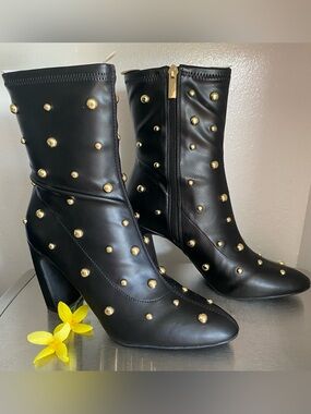 NEW WOMENS BLACK STUDDED MID CALF BLOCK HEEL ZIP UP DRESS BOOTS